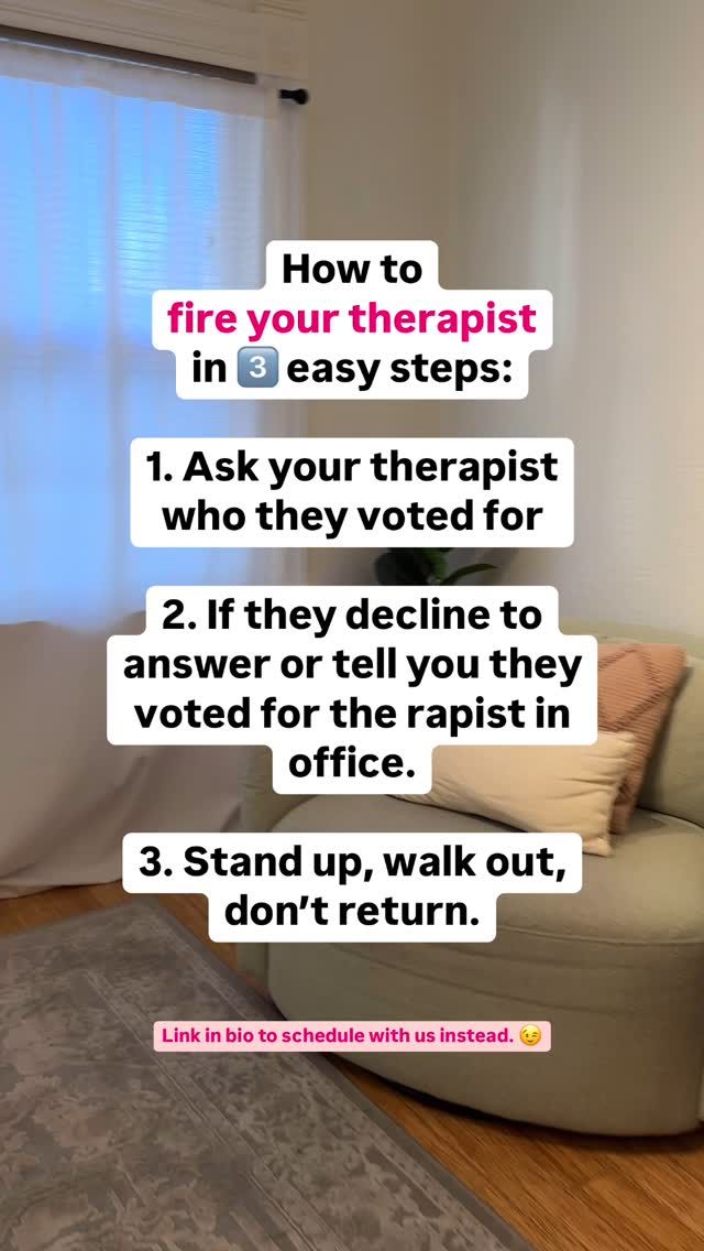 I’ve said it before and I’ll say it again.

Therapy is political.

We learn in grad school that in order to be an ethical therapist we need to clearly see and name the oppressive systems that impact mental health.

If your therapist voted for someone who: 

wants to see your rights stripped, 

who doesn’t recognize your humanity, 

who completely disregards the mental and relational health of all the people in our country, you might feel unsafe. 

With reason!

It’s okay to want to work with a therapist who shares your values. ❤️‍🩹